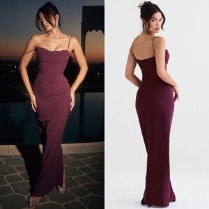 House of CB Dress Lani Corset Maxi Georgette Wedding Glam Merlot L EUC